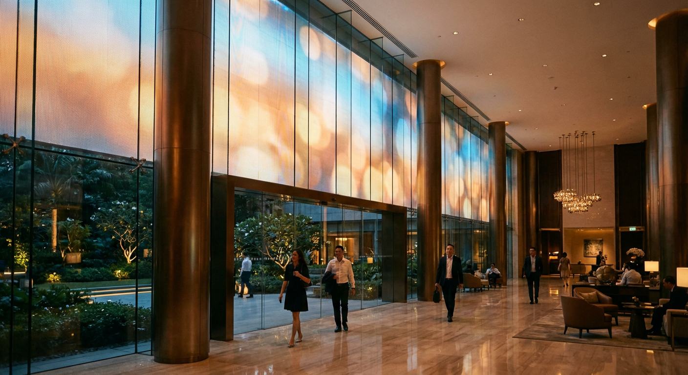 Lumexo · LED-on-Glass Mediafassade Modular — In-Situ